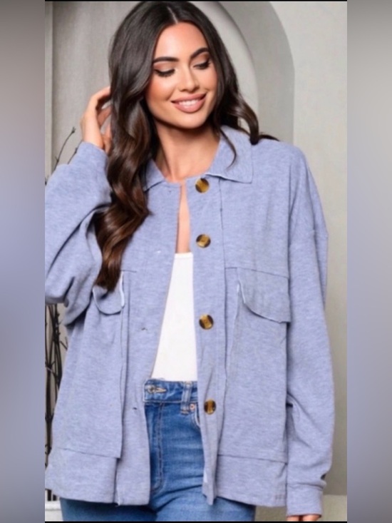 Private Label Tops - New Ultra Comfortable Women's Dusty Blue Button Front Pocket Shacket
